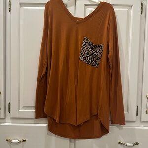 Zenana long sleeve top with animal print pocket